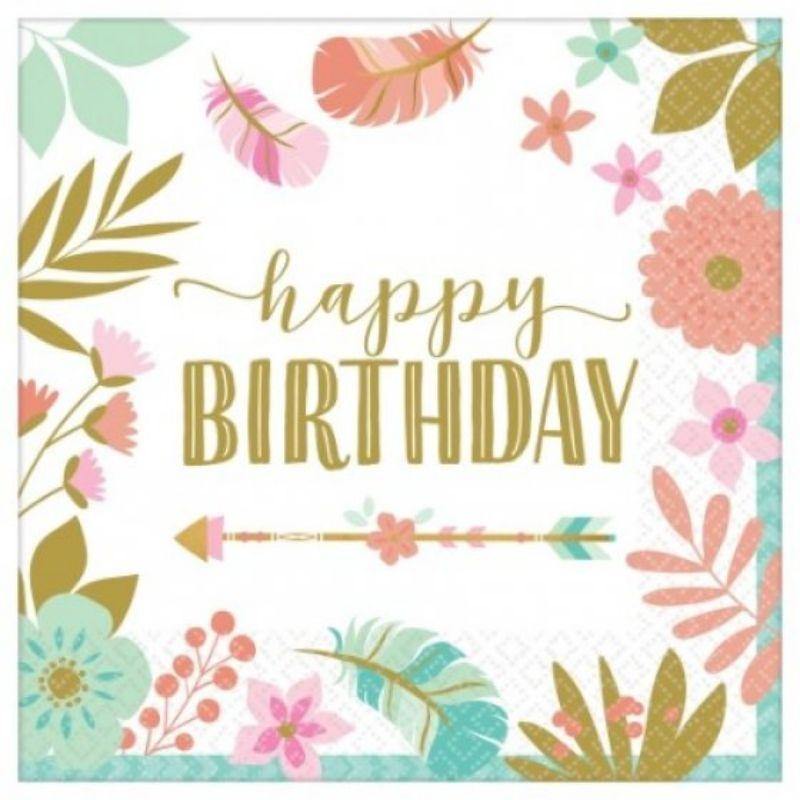 16 Pack Boho Birthday Girl Lunch Napkins - 33cm - The Base Warehouse