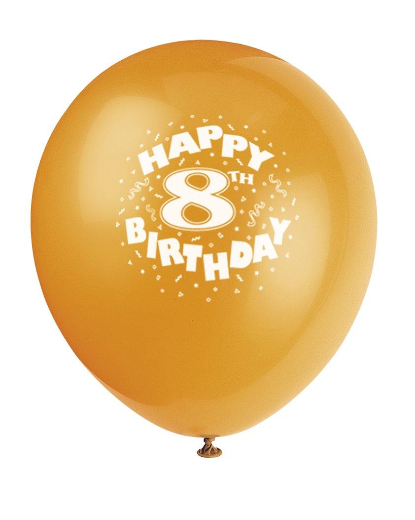 6 Pack Assorted Colours Happy 8th Birthday Latex Balloons - 30cm
