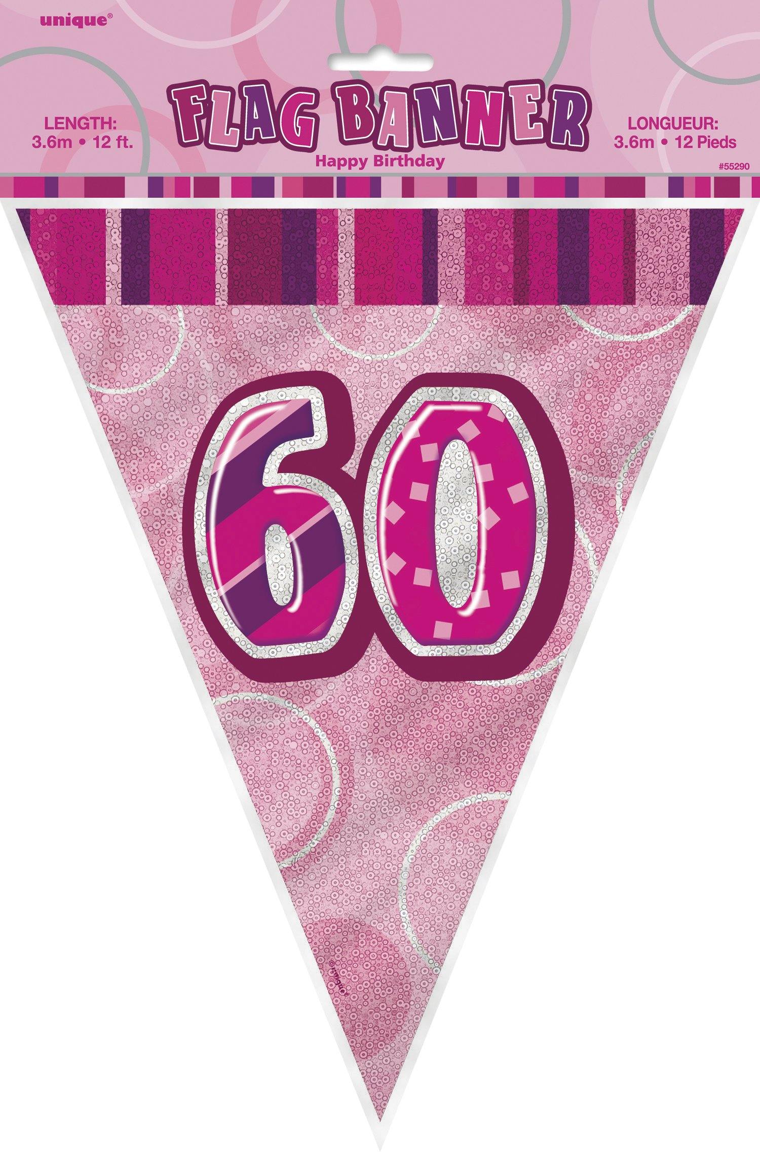 Glitz Pink Numeral 60 Flag Banner - 3.65m - The Base Warehouse