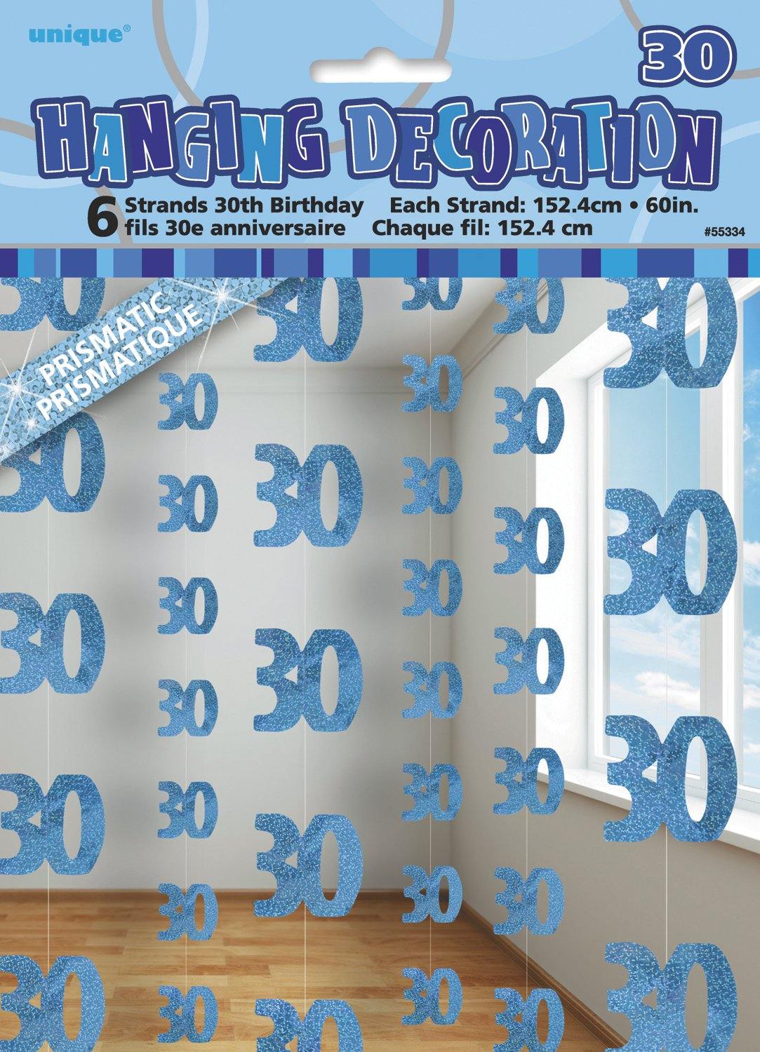 6 Pack Glitz Blue 30 Hanging Decorations - 1.5m