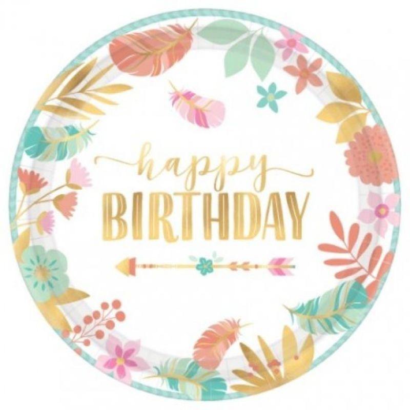 8 Pack Boho Birthday Girl Round Metallic Plates - 26cm