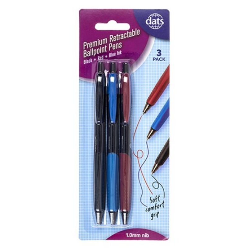 Pen Ballpoint Retractable Prem w Grip 3pk Mixed B/B/R Ink