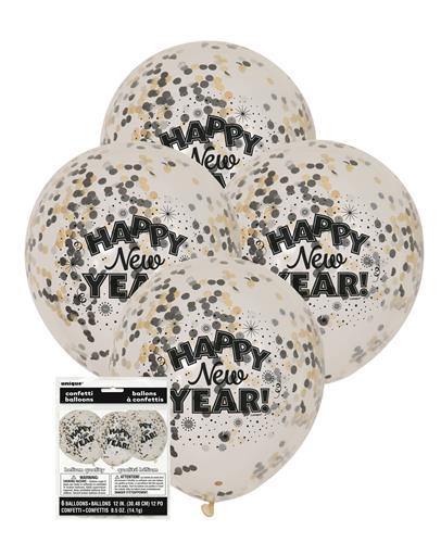 6 Pack Happy New Year Clear Balloons with Silver, Gold & Black Confetti - 30cm