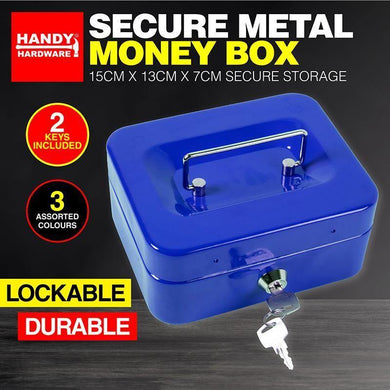 Blue Metal Cash Box - 15cm x 13cm x 7cm - The Base Warehouse