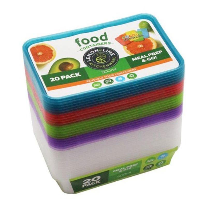 20 Pack Reusable Food Containers with Coloured Lids - 500ml - The Base Warehouse