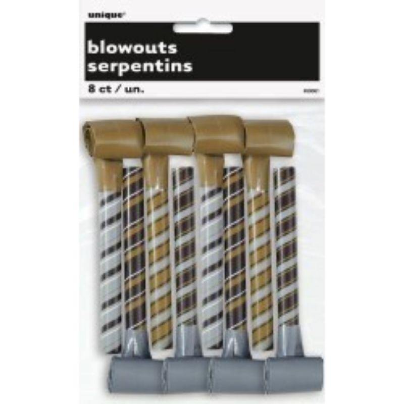 8 Pack Black / Silver / Gold Assorted Striped Blowouts - The Base Warehouse