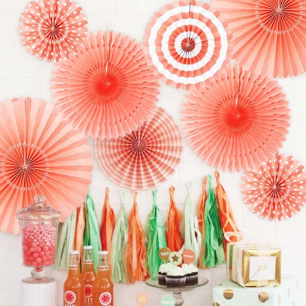 4 Pack Coral Red Paper Fan Set