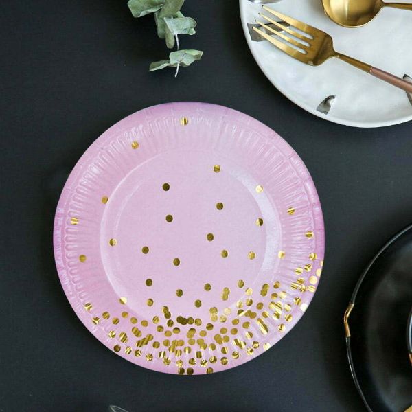 8 Pack Pink Dots Foil Plates - 18cm