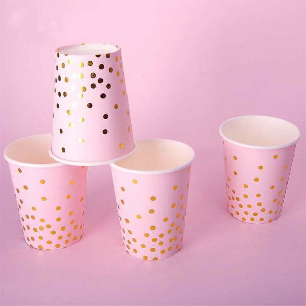 8 Pack Pink Dots Foil Paper Cups - 266ml