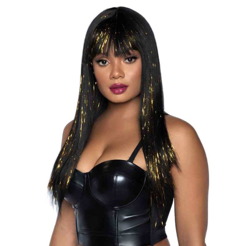 Long Straight Black / Gold Bang Wig with Tinsel