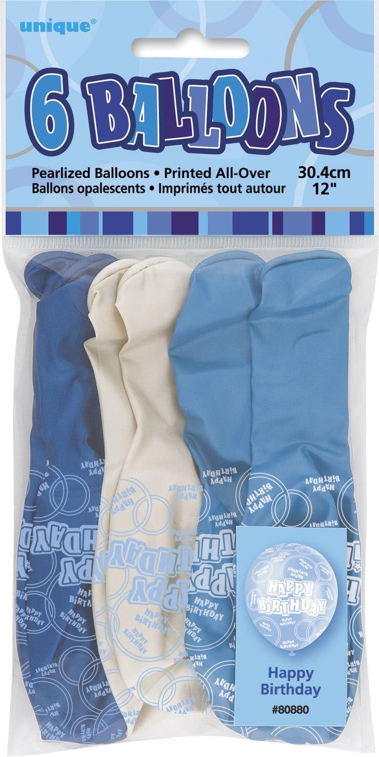 6 Pack Glitz Blue Happy Birthday Latex Balloons - Mixed Pack - 30cm - The Base Warehouse