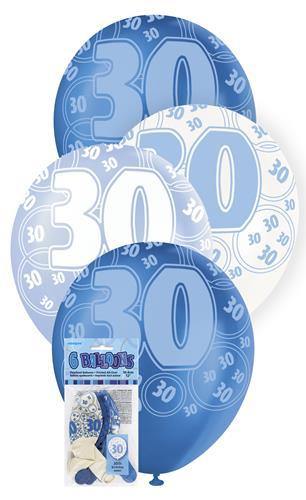 6 Pack 30th Glitz Blue Latex Balloons - 30cm - The Base Warehouse