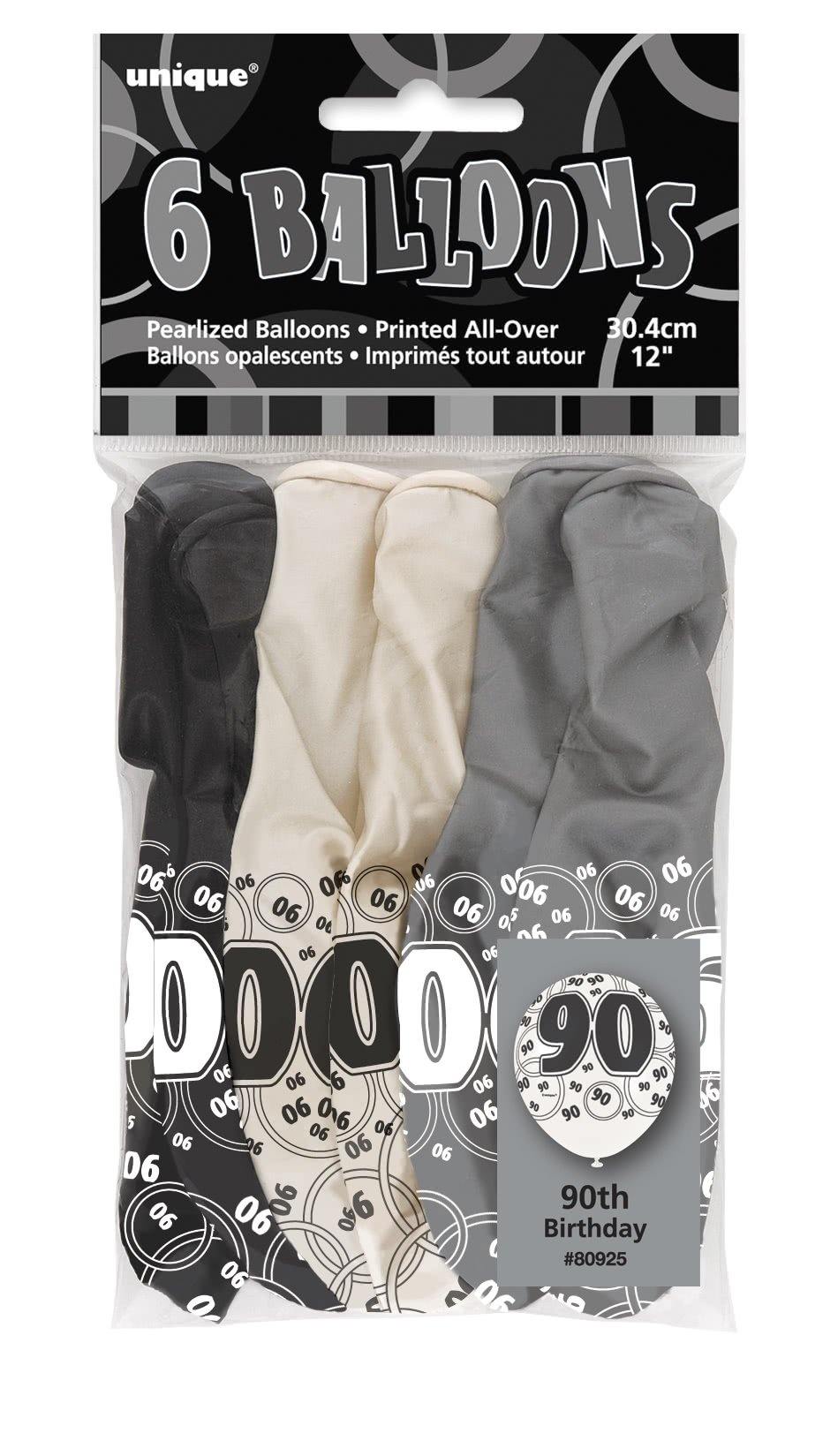 6 Pack 90th Glitz Black Latex Balloons - 30cm - The Base Warehouse