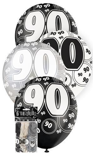 6 Pack 90th Glitz Black Latex Balloons - 30cm - The Base Warehouse