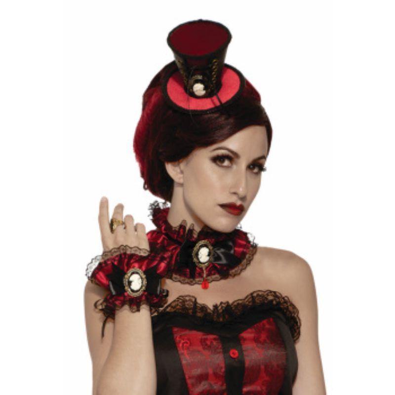 Adults Black / Red Victorian Mini Top Hat - The Base Warehouse