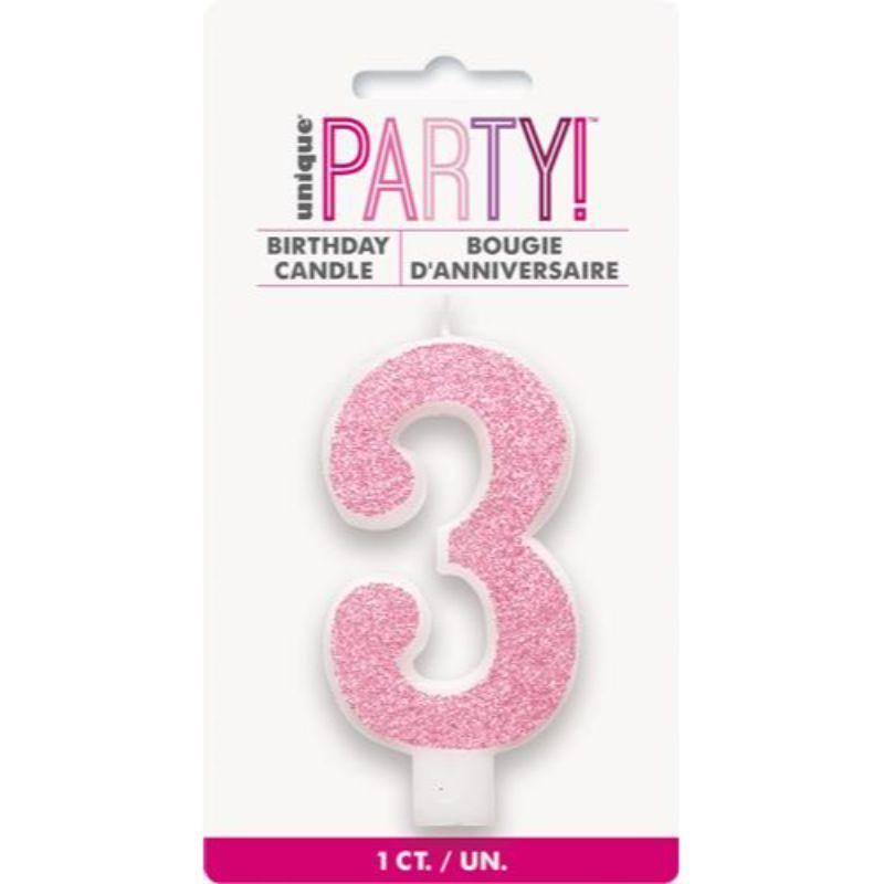Gliter Pink Candle - Number 3 - The Base Warehouse