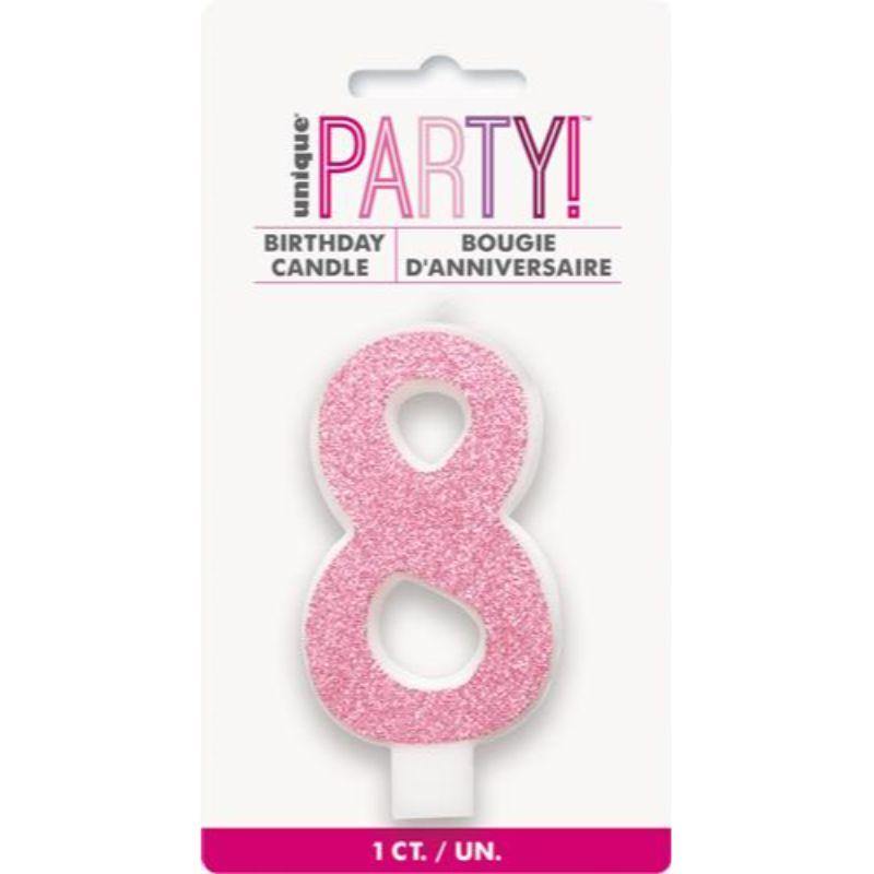 Gliter Pink Candle - Number 8 - The Base Warehouse