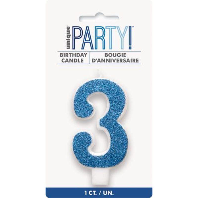 Gliter Blue Candle - Number 3 - The Base Warehouse