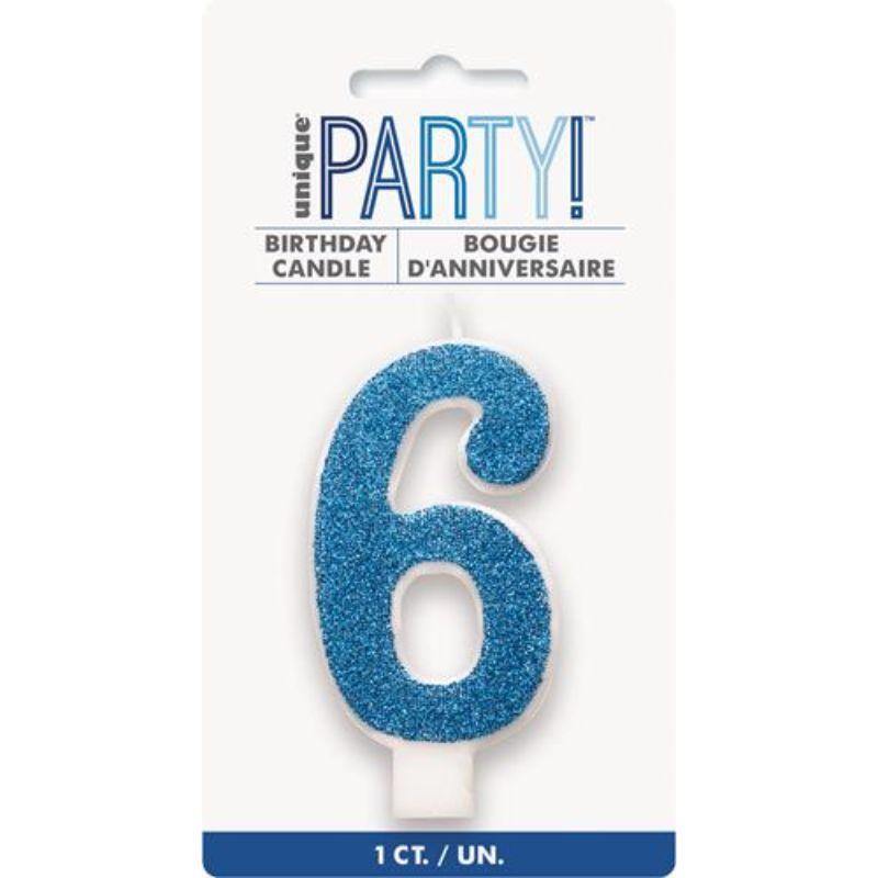Gliter Blue Candle - Number 6 - The Base Warehouse