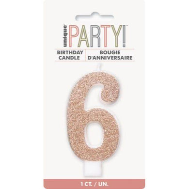 Glitter Rose Gold Candle - Number 6 - The Base Warehouse