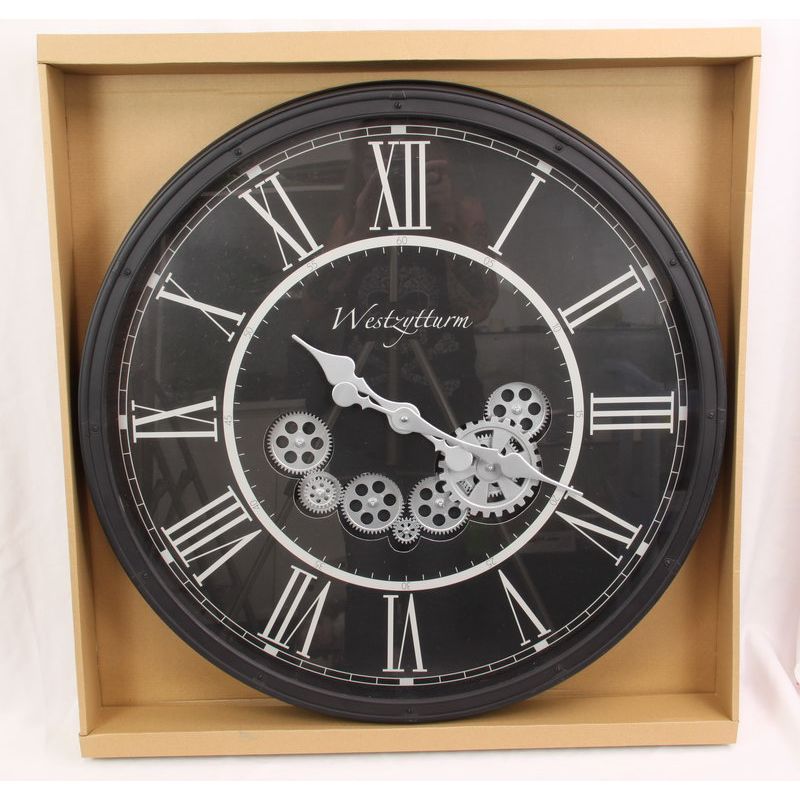 Black Round Clock with Moving Cogs - 73cm
