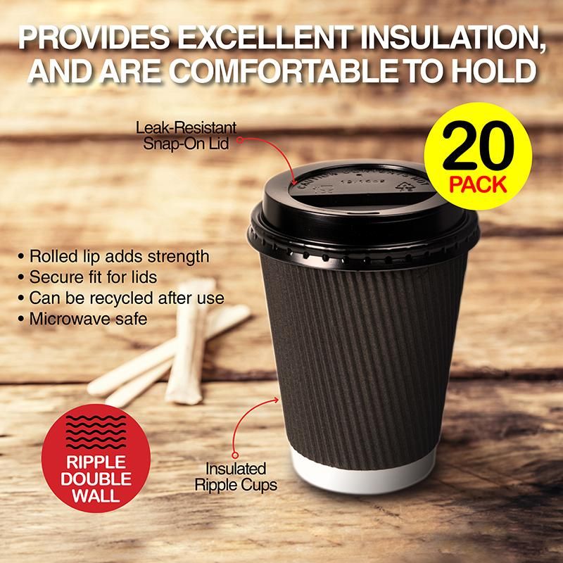 20 Pack Black Ripple Wall Paper Coffee Cups - 230ml
