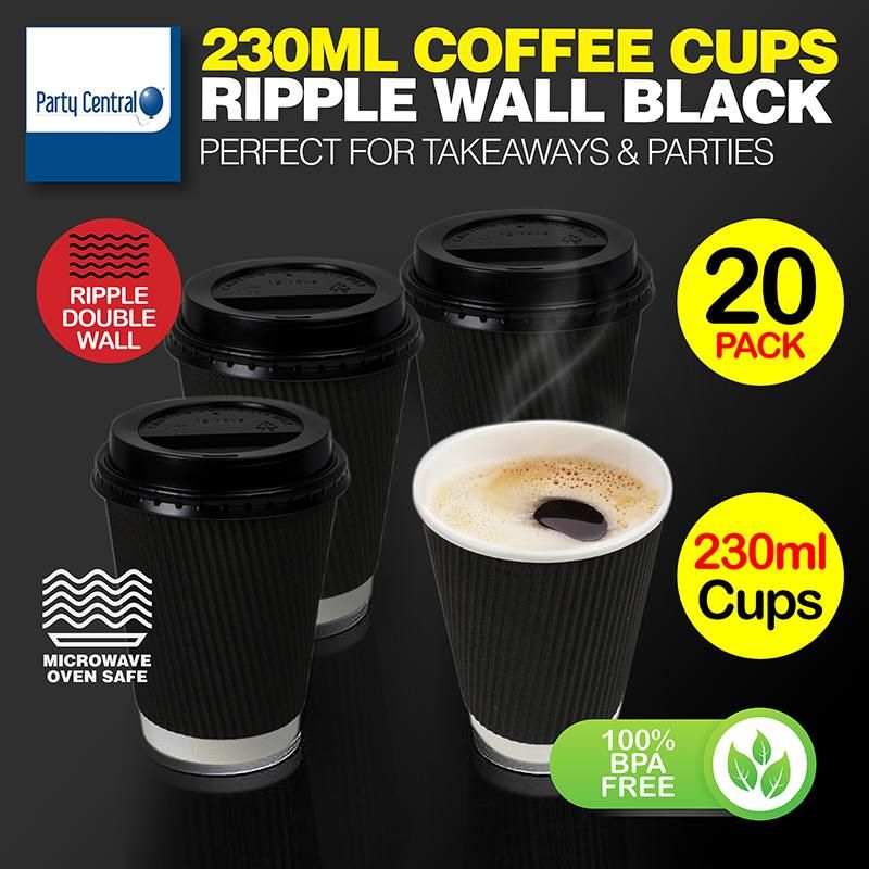 20 Pack Black Ripple Wall Paper Coffee Cups - 230ml