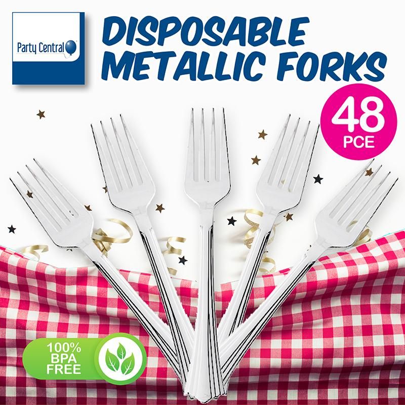 48 Pack Metallic Disposable Cutlery Forks - 17.5cm