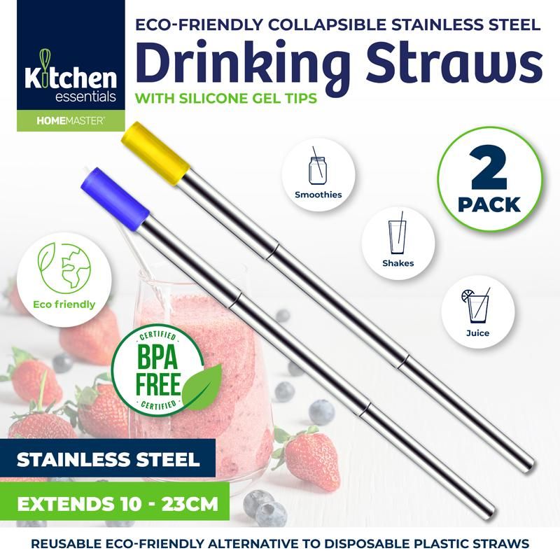 2 Pack Collapsible Stainless Steel Straw - 23cm