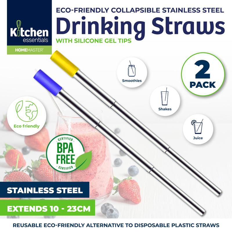 2 Pack Collapsible Stainless Steel Straw - 23cm
