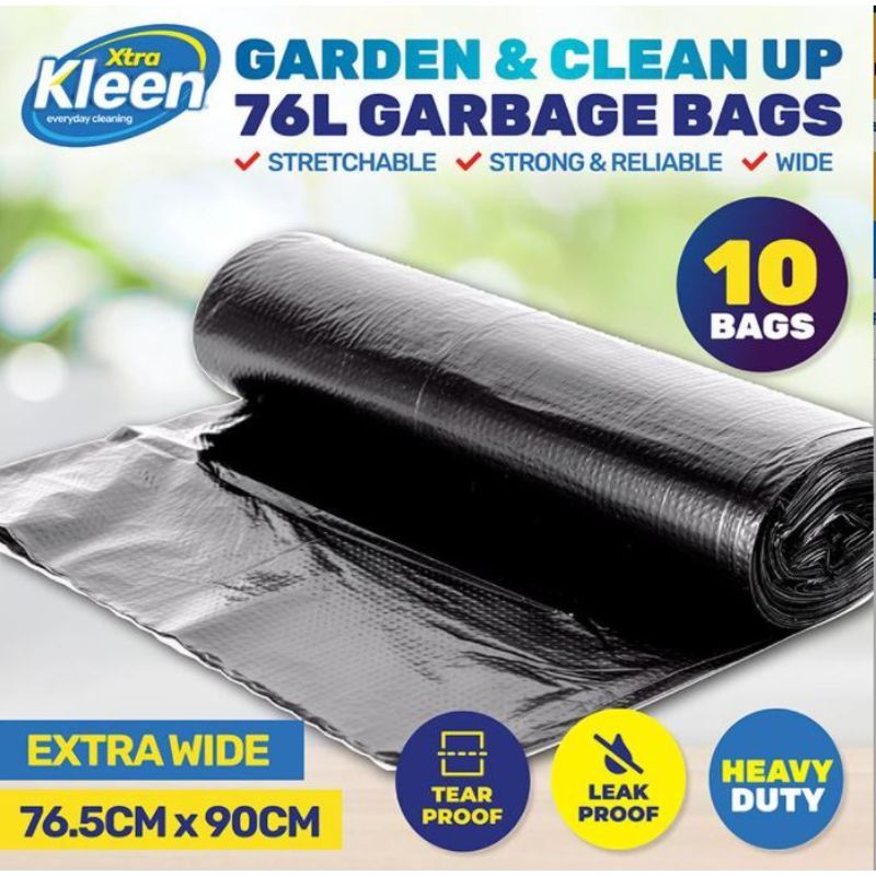 10 Pack Black Extra Large Garbage Bag 76L - 76.5cm x 90cm