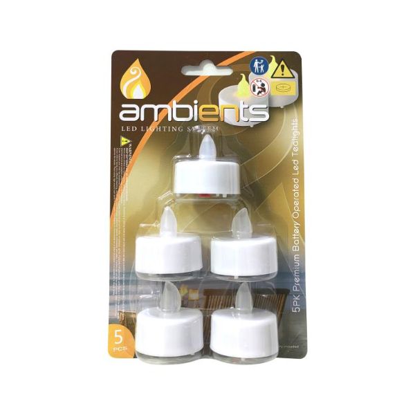 5 Pack Battery Operated LED Tea Lights - 3.75cm x 4.4cm