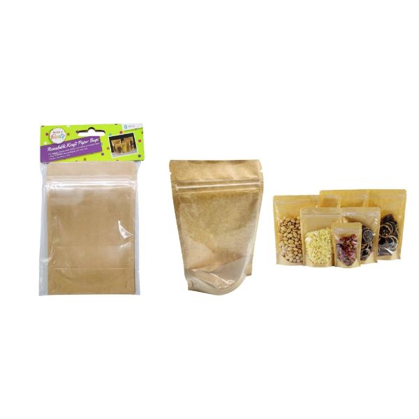 8 Pack Resealable Kraft Paper Bags With Full Window - 10cm x 15cm