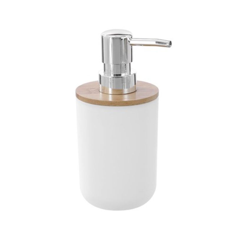 Boxsweden Bano White 330ml Soap Dispenser with Bamboo Top - 7.5cm x 7.5cm x 16cm