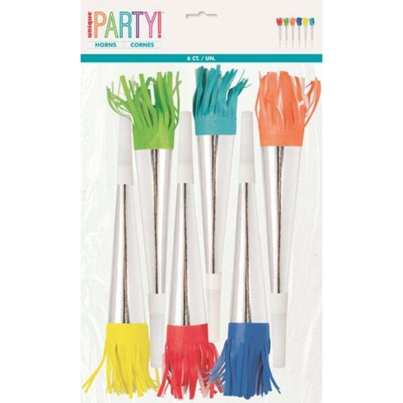 6 Pack Metallic Silver Foil Horns with Fringe - The Base Warehouse