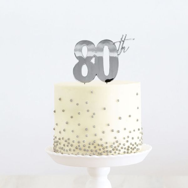 80th Silver Metal Cake Topper - 9cm