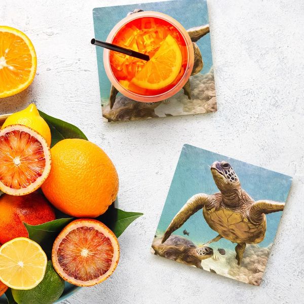 4 Pack Square Ceramic Elliot Turtle Coaster - 10cm x 10cm