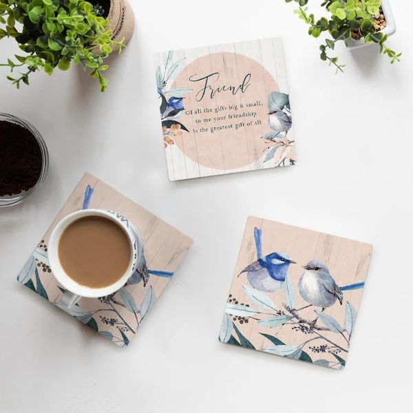 4 Pack Wren Ceramic Birds Coaster Gift Box - 10cm x 10cm