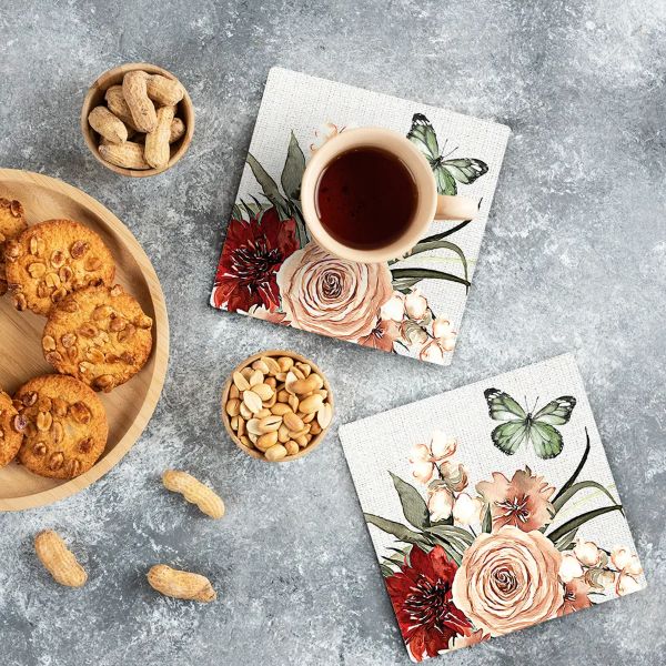 4 Pack Cinnamon Ceramic Florals Butterly Coaster Gift Box - 10cm x 10cm