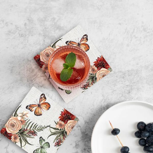 4 Pack Cinnamon Ceramic Butterflies Floral Coaster Gift Box - 10cm x 10cm