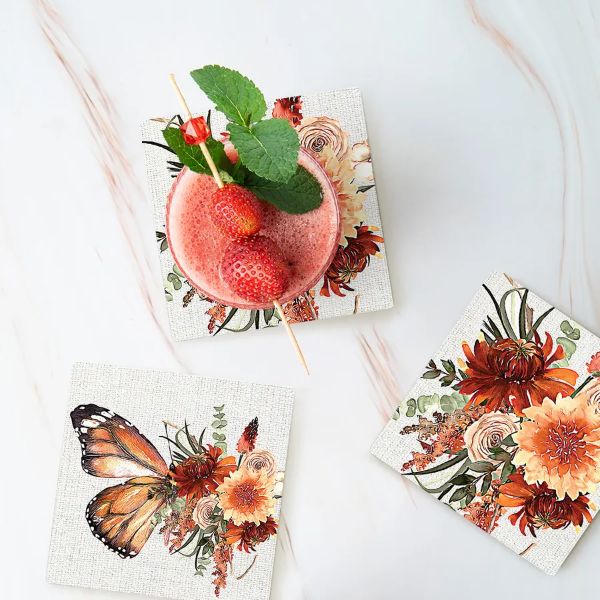 4 Pack Cinnamon Ceramic Butterfly With Country Floral Coaster Gift Box - 10cm x 10cm