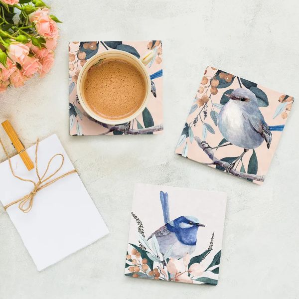 4 Pack Wren Ceramic Watercolour Bird Coaster Gift Box - 10cm x 10cm