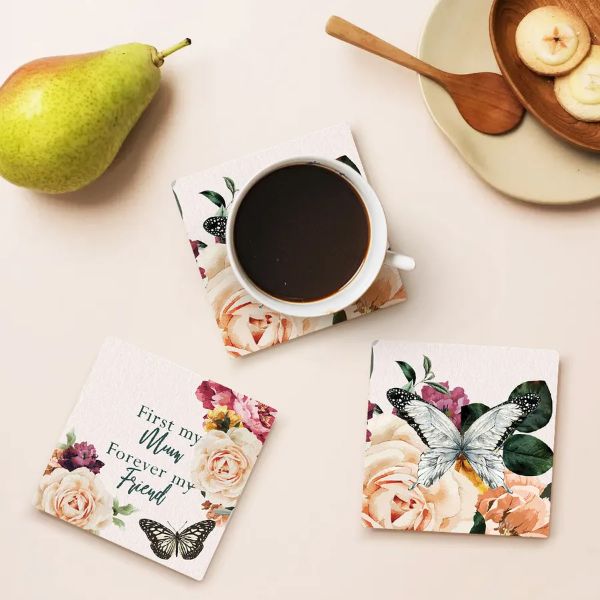 4 Pack Rose Ceramic Butterfly & Floral Coaster Gift Box - 10cm x 10cm