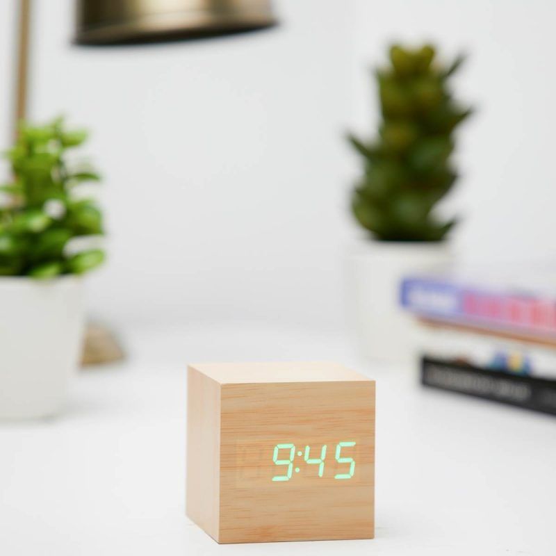 Natural LED Wooden Cube Table Clock - 6cm x 6cm x 6cm