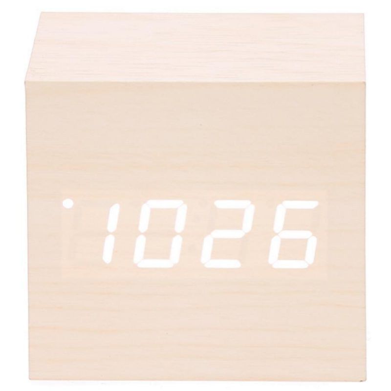 White LED Wooden Cube Table Clock - 6cm x 6cm x 6cm