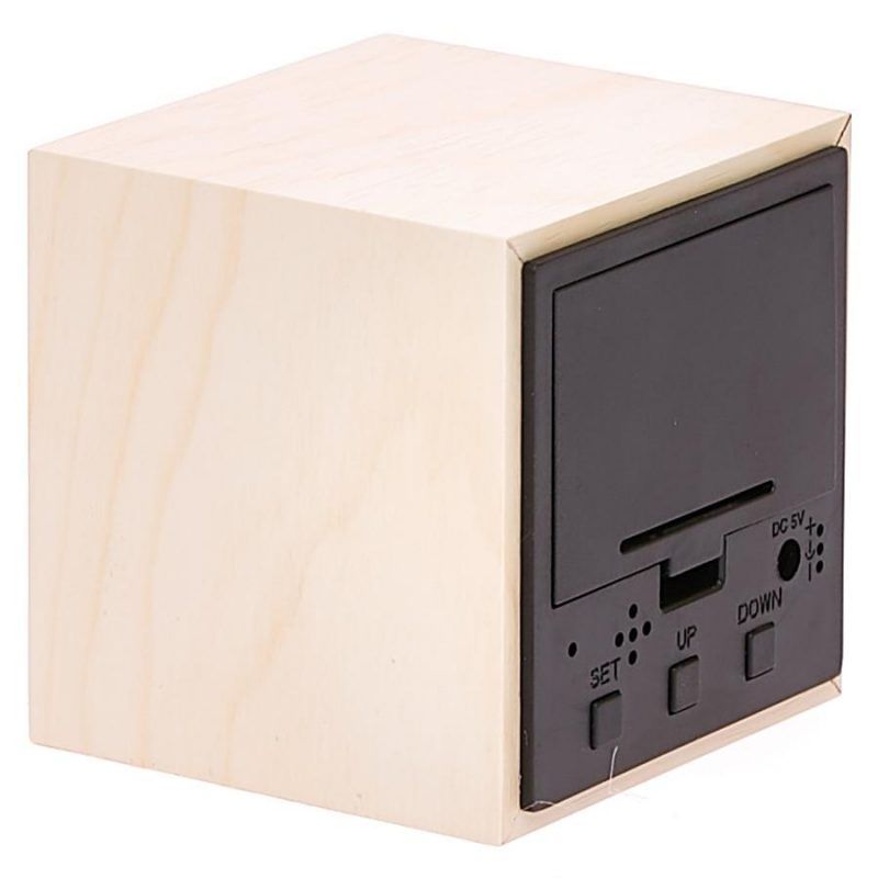 White LED Wooden Cube Table Clock - 6cm x 6cm x 6cm