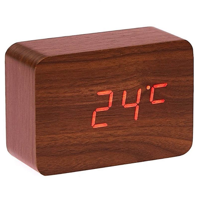 Brown Wooden Cuboid LED Table Clock - 10cm x 7cm x 4.3cm