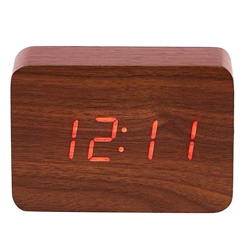 Brown Wooden Cuboid LED Table Clock - 10cm x 7cm x 4.3cm