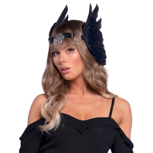 Black Feather Headband with O-Ring And Metal Fligree Me