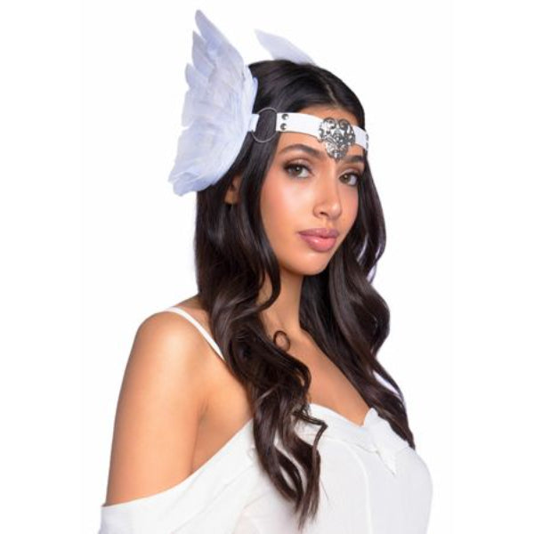 White Feather Headband with O-Ring And Metal Fligree Me